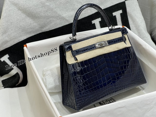 Hermes專櫃經典款Kelly手提女包 愛馬仕純手工凱莉25CM午夜藍高光尼羅鱷魚皮Kelly包 zhh1251